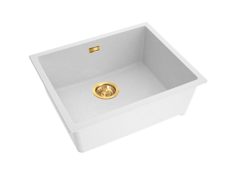 Pure.Sink Eternal Biała umywalka kwarcowa 50 x 40 cm do montażu podblatowego i na blat z automatycznym złotym korkiem