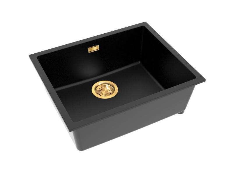 Pure.Sink Eternal Czarny zlew kwarcowy 50 x 40 cm do montażu podblatowego i podściennego z automatycznym złotym korkiem