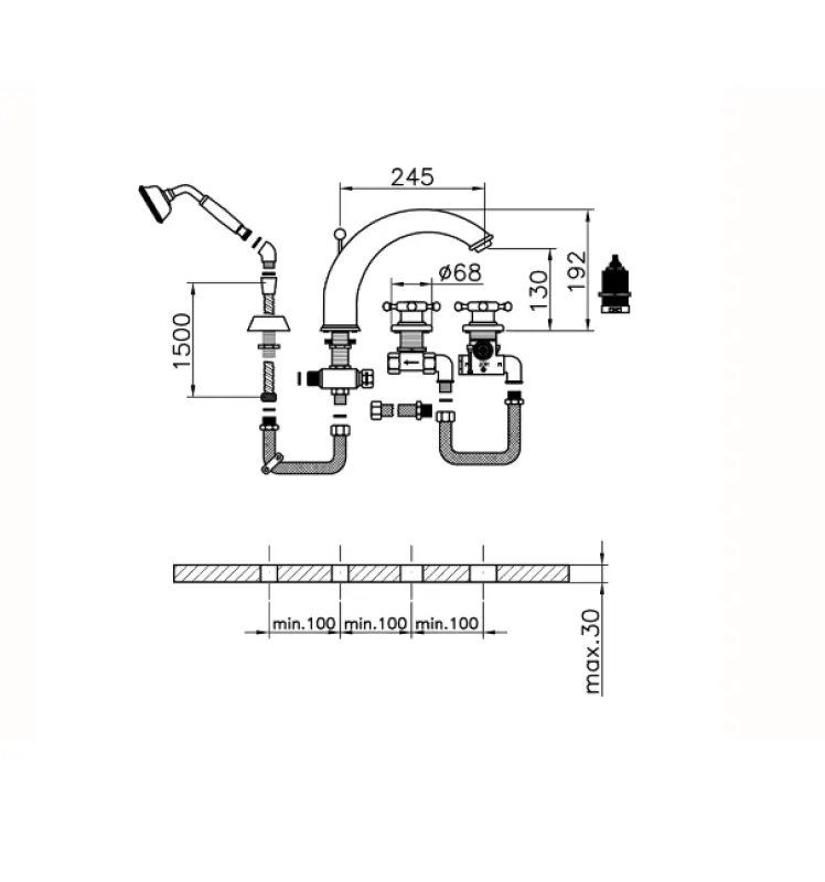 Huber Victoriaanse 4-gats Thermostatische Badkraan met Douchegarnituur Chroom VTT7601021